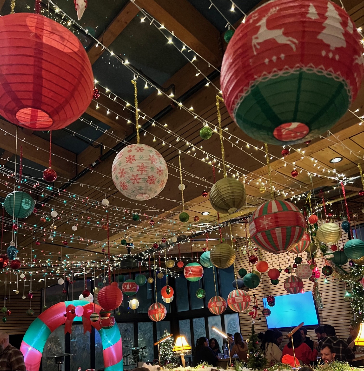 colorful ceiling at Wooden City Tavern in Seattle