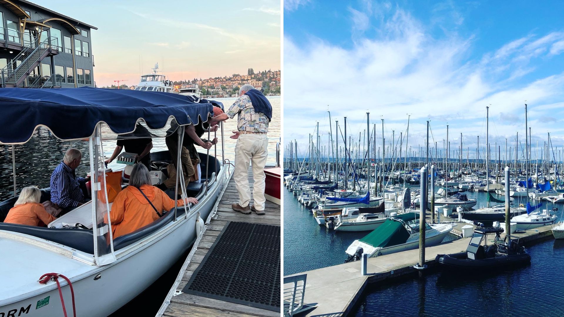 people boarding an electric boat and shilshole marina