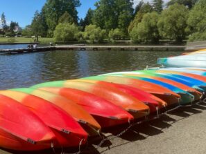 a row of colorful kayaks for rent on green lake near greenlake guest house